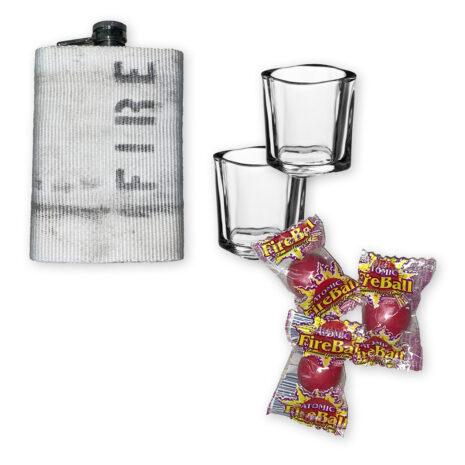Fire Hose Flask, Shot Glasses and Fireball Candy Box